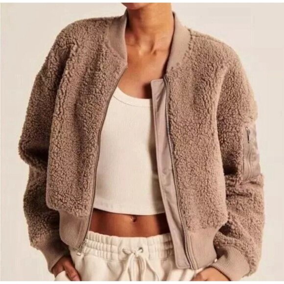 Abercrombie & Fitch Jackets & Blazers - ABERCROMBIE & FITCH Womens Camel Tan Sherpa Bomber Jacket Velvet Lining Size M